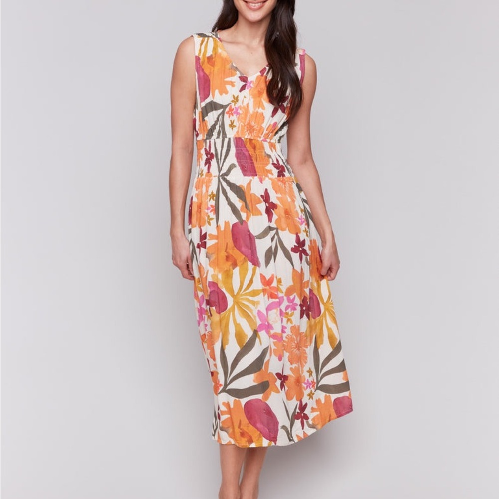 CHARLIE B Orange and White Sleeveless V-Neck Sundress
